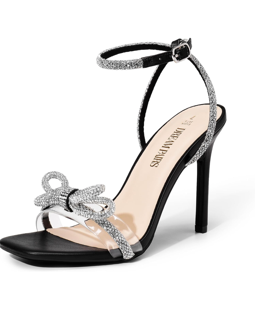 DREAM PAIRS Women's Double Bowknots Crystal Sandals Clear Slingback Heels Square Toe Shoes for Party Wedding 6.5