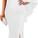 Women's Elegant One Bell Sleeve Side Split Bodycon Long Formal Evening Dress (Large, 65white)