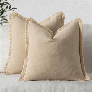 Decorative Throw Pillow Covers Neutral Linen Fringe Throw Pillows Euro Shams Set of 2 Beige Boho Farmhouse Cushion Covers for Couch Sofa Bed Living Room Spring Home Decor 24x24 Inch