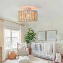 tewei Wood Beaded Boho Chandelier Light Fixture, Semi Flush Mount Ceiling Light 3-Light Rustic Nursery Close to Ceiling Lights for Bedroom Kitchen, Living Room, Oak White, E26 Base