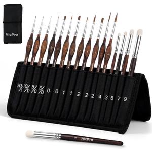 Nicpro 16 PCS Kolinsky Sable Miniature Paint Brushes Dry Brush, Professional Model Paint Brush Set with Cloth Roll, Fine Detail Artist Brush Set for Miniatures, Acrylic & Figures, Model, Watercolor