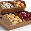 Acacia Wood Pantry Storage Bins, Stackable Storage Baskets Potato and Onion Storage Bins, Pantry Organizer Wooden Baskets Organization and Storage, Set 3 Pieces