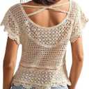 MakeMeChic Women's Summer Boho Crochet Tops Hollow Out Sweater Short Sleeve Backless Top Beach Coverup (Beige, L)