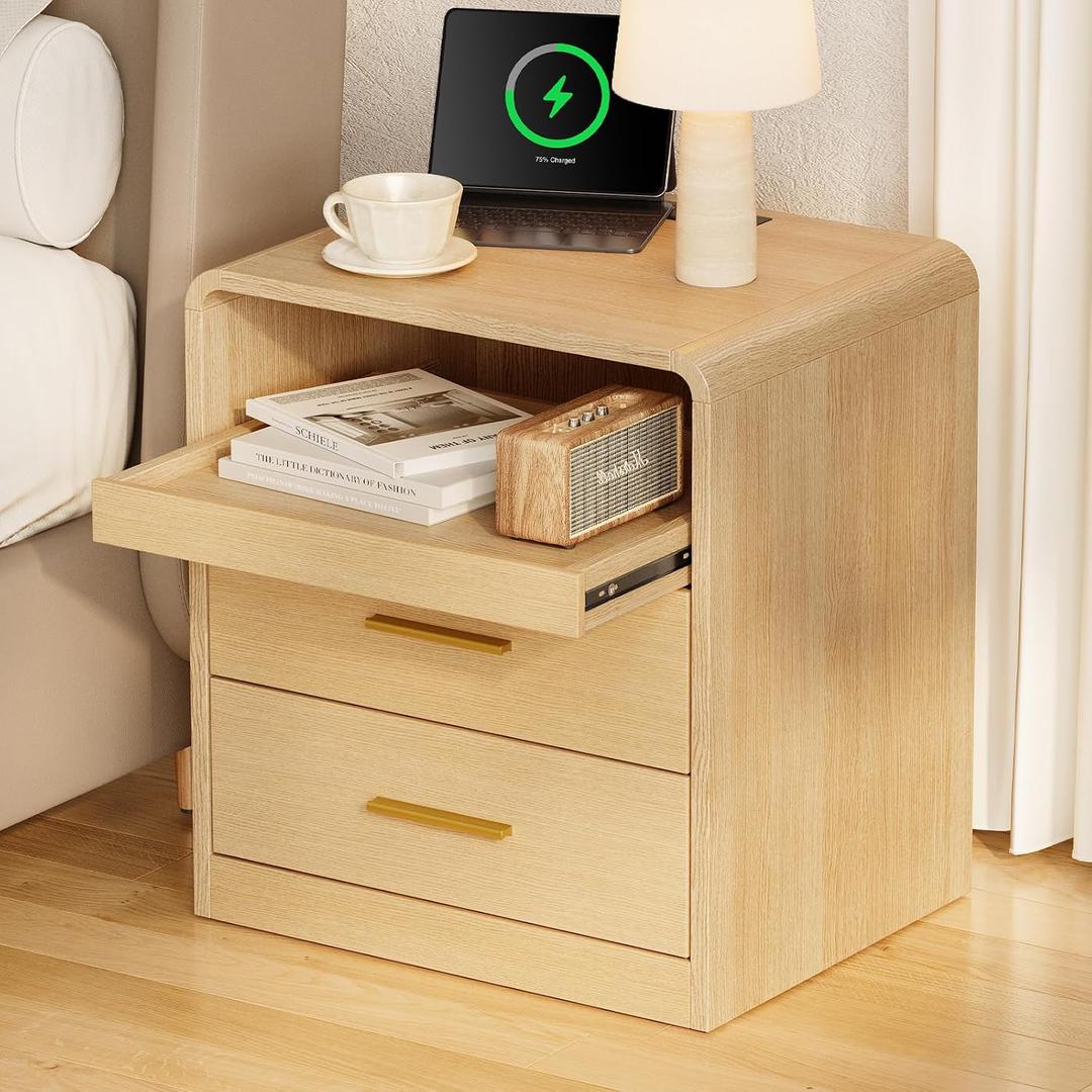 20 Wide Modern Nightstand with Charging Station,2 Drawer End Table with Pull-Out Shelf,Curved Profile Design,Wood Side Table for Bedroom, 15.7 inches x 19.6 inches x 21.6 inches