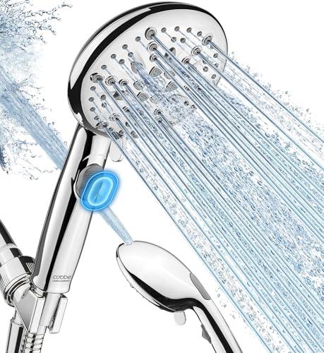 Cobbe High Pressure Shower Head with Built-in Pause Button, 9-Function Detachable Showerhead with Handheld Brass Swivel Bracket & Stainless Steel Hose, Water Saving 1-Click Stop, Chrome