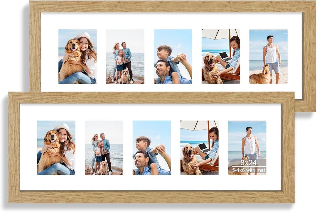 Hongkee 8x24 Picture Frame 2 Pack, Natural Oak Wood Frame with Tempered Glass, Display Pictures Multiple Five 4x6 With Mat or 8 x 24 Without Mat - Horizontal or Vertical Wall Mounting