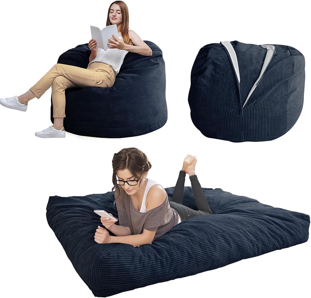 MAXYOYO Giant Bean Bag Chair Bed for Adults, Convertible Beanbag Folds from Lazy Chair to Floor Mattress Bed, Large Floor Sofa Couch, Big Sofa Bed, High-Density Foam Filling, Machine Washable (Full, Navy)