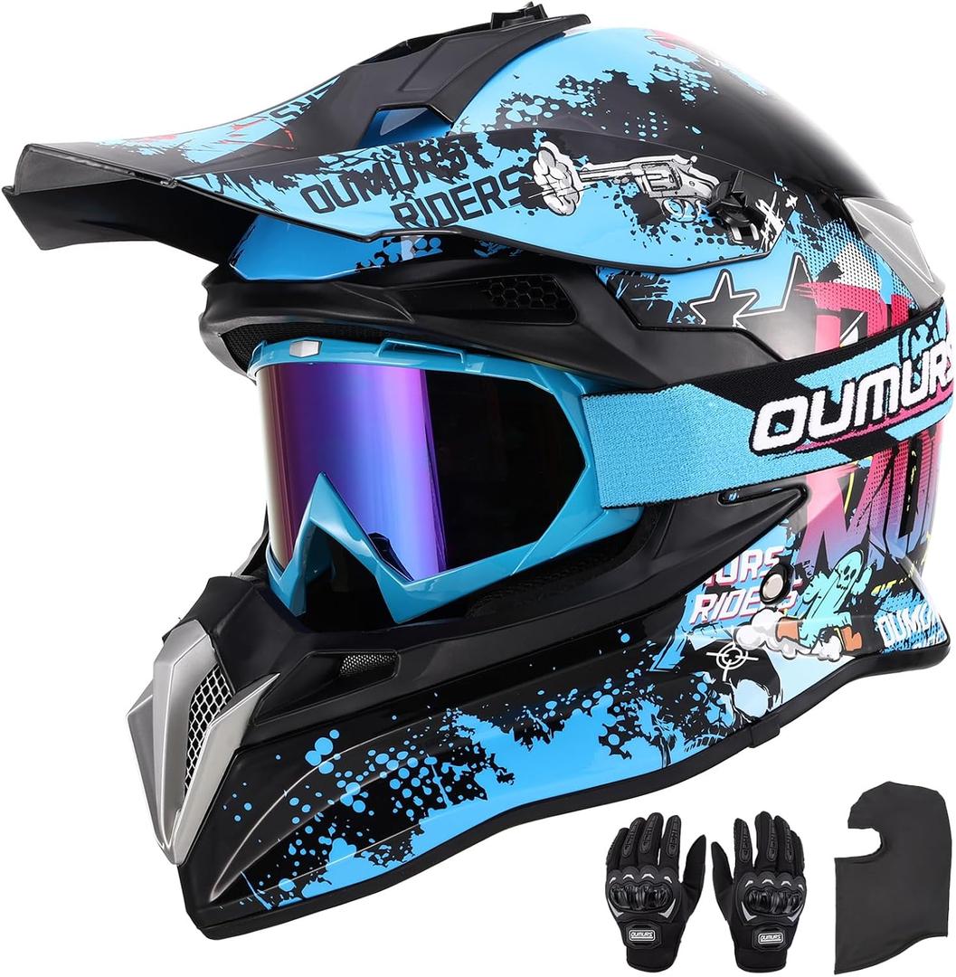 OUMURS DOT Adult Dirt Bike Helmet with Goggles Gloves & Mask Adjustable Sun Visor Motorcycle Adult ATV Helmet Off-Road Motocross Downhill Moped MX BMX for Unisex Adult-188-Blue Cowboy, XL