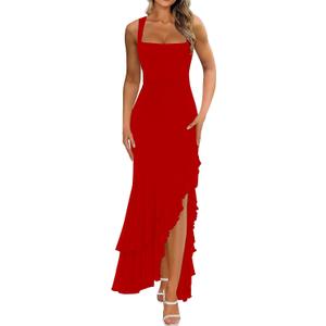 BORIFLORS Women's Elegant Bodycon Ruched Maxi Cocktail Dress Mesh Sleeveless Mermaid Ruffle Beach Wedding Guest Long Dresses (Red, L)