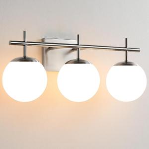 Bathroom Light Fixtures over Mirror, 3-Light Brushed Nickel Vanity Lights for Bathroom, Mid-Century Modern Vanity Light with Milky White Globe Glass Shades, 22.4 Inch Sconces Wall Lighting for Bath