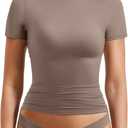 YEOREO Women Fitted Workout Tops Short Sleeve Double Lined Basic Y2K Going Out Crew Neck Compression Crop Top (Small, Brown)