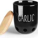 HAOTOP Ceramic Garlic Keeper for Counter, Garlic Saver Container with Wood Lid, Garlic Keeper for Kitchen, Garlic Holder to Keep Your Garlic Cloves Fresh Longer (Black)
