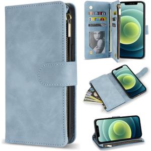 ZZXX for iPhone 12 Mini Wallet Case with Card Slot Premium Soft PU Leather Zipper Flip Folio Wallet with Wrist Strap Kickstand Protective for iPhone 12 Mini Case Wallet(Light Blue 5.4 inch)