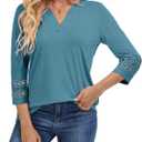 Womens 3/4 Length Sleeve Tops V Neck Lace Tunic Tops Dressy Casual Shirts Loose Fit 2025 Trendy Business Blouses (Blue, L)