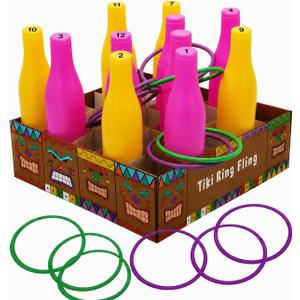 4E's Novelty Tiki Ring Fling Bottle Ring Toss Game Set for Party Games for Adults and Family, Beach Summer Hawaiian Luau Outdoor Indoor Game Activity