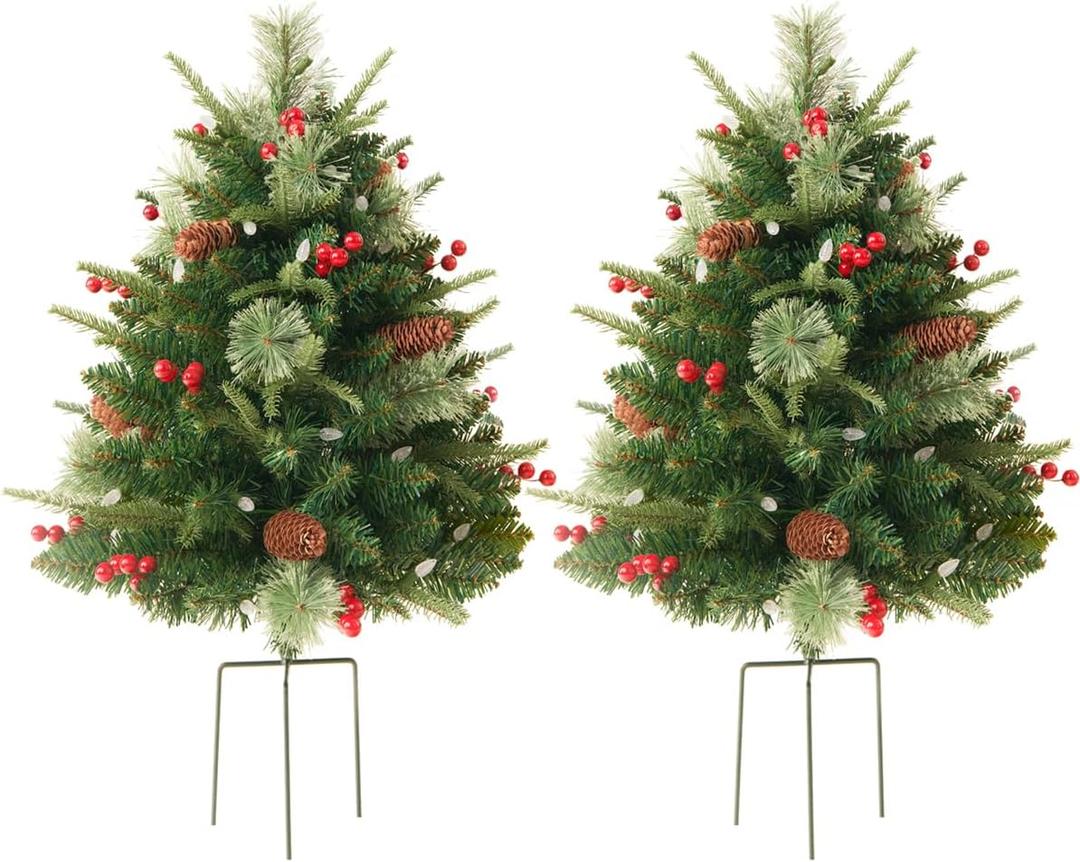 Amaoasis 2 Pack 24 Inch Pre-Lit Christmas Trees Outdoor, Artificial 70 LED Lights, Red Berries, Pine Cones, Battery Operated, Entrances Decor