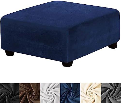 HFCNMY Stretch Velvet Ottoman Cover - Square Washable Slipcover With Elastic Bottom for Storage Footstool in Living Room, Blue, Large