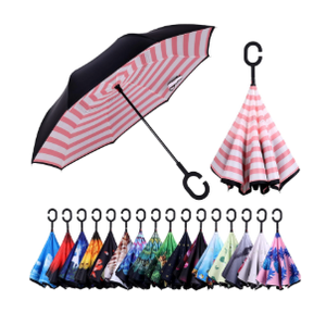 Inverted Umbrella, 49 Inch Double-Layer Vented Reverse Umbrella, Windproof Waterproof UV Protection, Lightweight C-Handle, Fiberglass Ribs, Steel Shaft, Travel/Commute/Car Use, With Sleeve