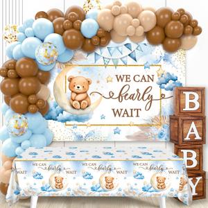 We Can Bearly Wait Baby Shower Decorations - Baby Boxes with Letters,Boho Balloons,We Can Bearly Wait Backdrop,Tablecloth for Teddy Bear Baby Shower,Birthday Supplies,Gender Reveal (Blue)