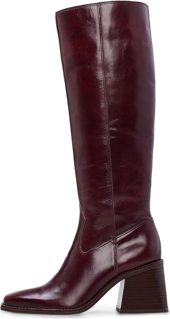 VOMIRA Knee High Boots Women Wide Calf Boots for Women Square Toe Tall Boots Chunky Heel Leather Long Boots Winter Fall Boots Black Boots for Women (9, Burgundy)
