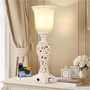 20" Bedside Lamp for Bedroom, Torchiere Table Lamp with 2 USB Charging Ports, Vintage Desk Lamp with Glass Shade, 3-Way Dimmable Bulb Included, Retro Rustic Nightstand Lamp for Living Room Entryway (Cream-1 PCS)