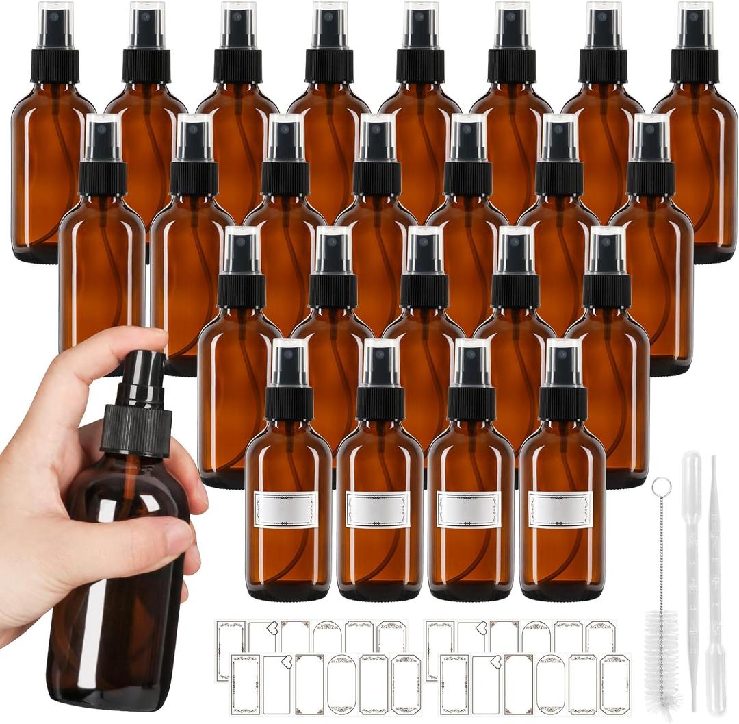 Jaisie.W 120ml Glass Spray Bottles with Fine Mist Sprayer 24Pack, Small Amber Glass Spray Bottles 4 oz for Perfumes,Cleaning Products,Pet Spray (4fl.oz, Set of 24)