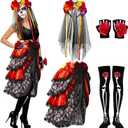 Hercicy 4 Pcs Halloween Day of The Dead Costum for Women Skeleton Mexican Lady Skull Outfit Dress Headpiece Glove Sock (Black, L)