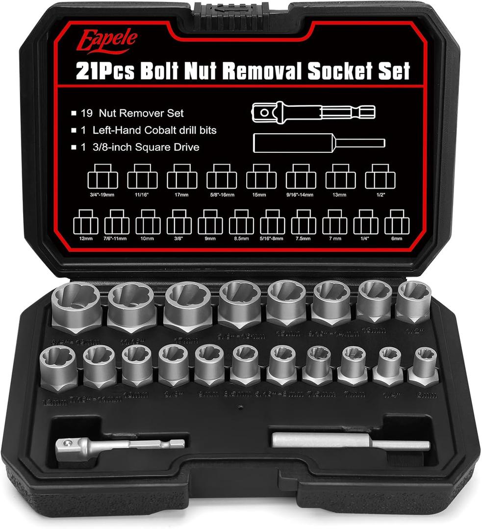 Eapele Bolt Extractor Set, Stripped Nut Remover Twist Sockets, Fit 3/8" Square Drive with Solid Storage Case (21pcs, Silver)