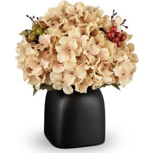 Briful Hydrangea Artificial Flowers in Ceramic Black Vase, Beige Silk Hydrangea Centerpieces for Tables, Realistic Dining Table Vase with Flowers for Farmhouse Home Decor Indoor