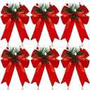 Syhood 6 Pcs Christmas Bows with Pine Cones Pine Needles Xmas Velvet Bows Red Ribbon Christmas Tree Wreath Decoration for Xmas Parties Indoor Outdoor Crafts DIY Decor