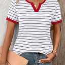 LilyCoco Women's Striped Shirt Short Sleeve Color Block Tops Notched Neck Summer Tee White Medium (M)