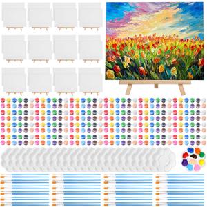 Qilery 24 Set 8 x 10 Inch Canvas Boards and Easel for Painting, Acrylic Paint Strips, Brushes, Palettes, Art Painting Kits for Artists Beginners Oil Acrylic Craft Party Favors
