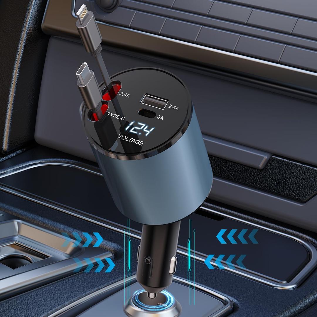 Retractable Car Charger, 4 in 1 Car Phone Charger for iPhone and Type C, Retractable Cable and 2 USB Ports Fast Charging Adapter Compatible for iPhone 15/14/13 Pro Max, iPad, Samsung, Pixel