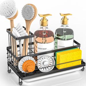 Cisily Large Capacity Kitchen Sink Caddy Organizer, Rustproof Non-Slip Sponge Holder With Dish Brush Holder Organizer, Kitchen Organization and Storage, Essentials Accessories for Countertop (Black)
