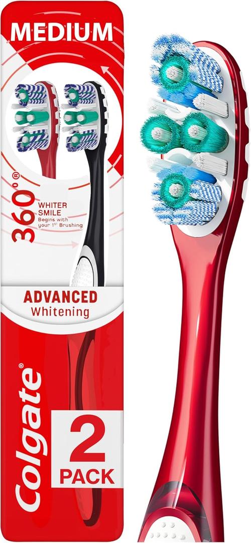 Colgate 360 Optic White Advanced Whitening Toothbrush, Adult Medium Toothbrush with Whitening Cups, Helps Whiten Teeth and Removes Odor Causing Bacteria, 2 Pack