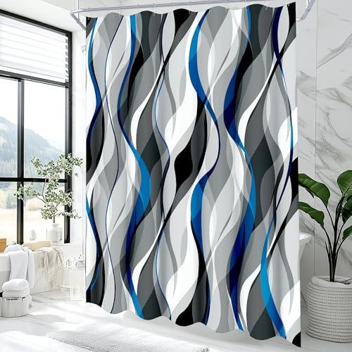 weesire Blue and Grey Shower Curtain for Bathroom Blue and Black Shower Curtain Fabric Modern Abstract Striped Minimalist Bath Curtains Waterproof Shower Curtains Set, Black Gray Blue, 72 x 72 Inch