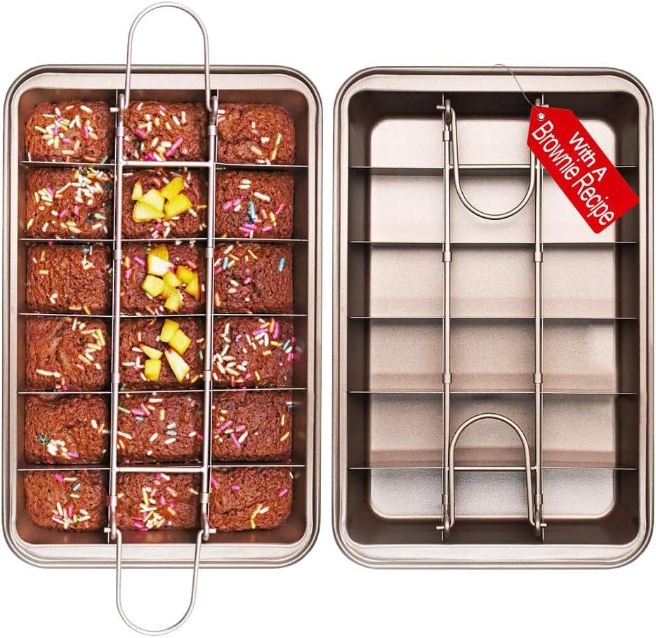 Non Stick Brownie Pan with Dividers, High Carbon Steel Baking Pan, Makes 18 Pre-cut Brownies All at Once - 10.3 X 6.4 X 1.6 Inches Inside Dimension (Gold)