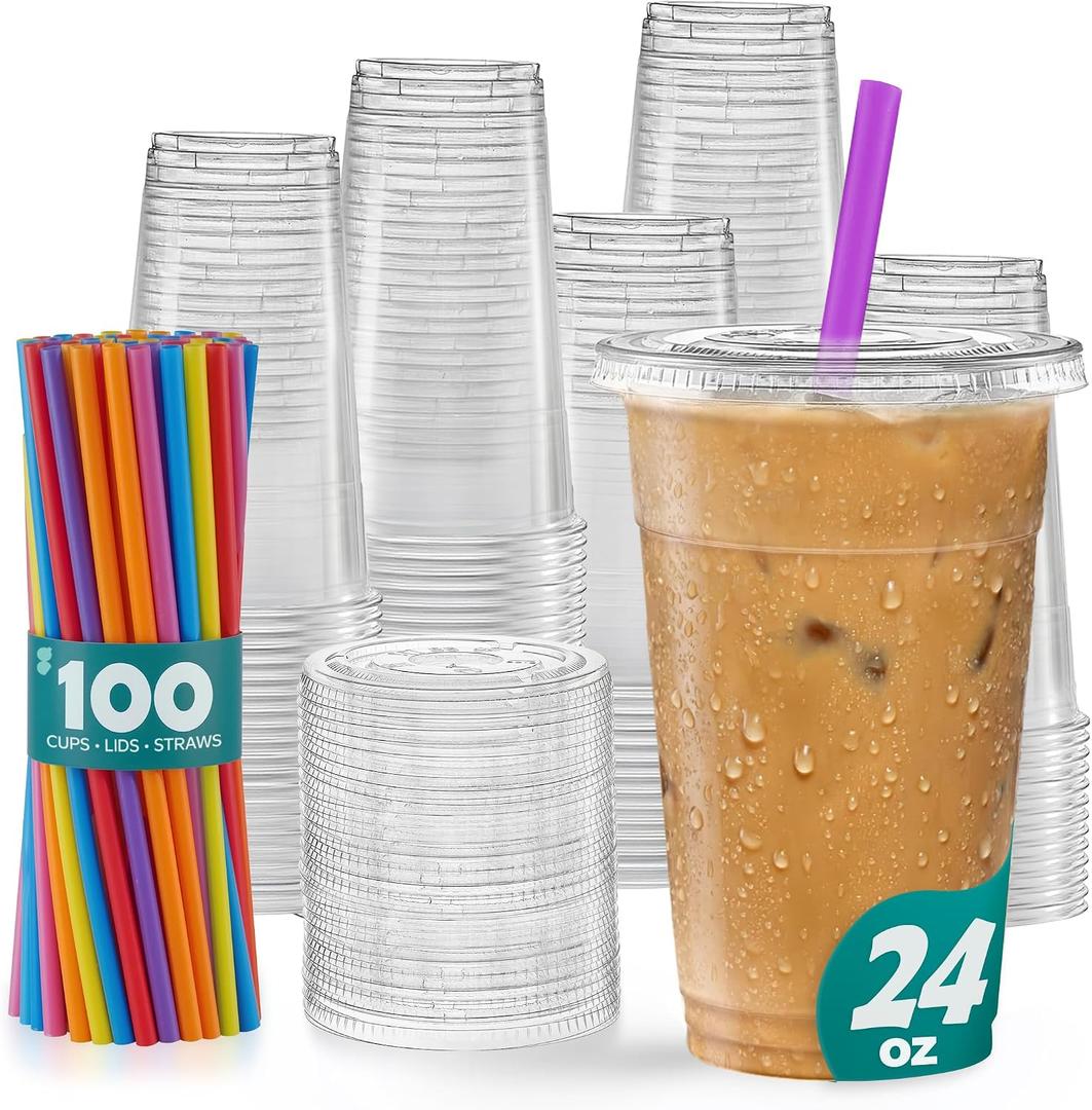 GUSTO [24 oz. - 100 Count Clear Cups with Flat Lids & Straws - Disposable Clear Drinking Cups for Iced Coffee, Cold Drinks, Milkshakes, and Smoothies 