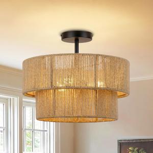 15.7'' Boho Light Fixtures Ceiling Mount, Coastal Hemp rope Semi Flush Mount Ceiling Light Fixture,3-Light Rattan Light Fixtures With 2-Tier Drum Shade, Farmhouse Chandelier Bedroom Ceiling Lamp, 16 Inch