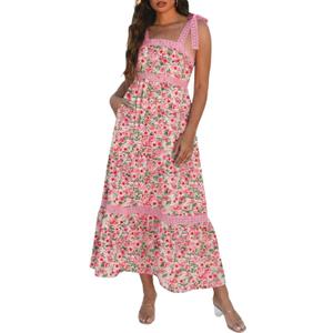 Opemiby Womens Maxi Dress Spring Summer Sleeveless Lace Strap Empire Waist A Line Side Pockets Beach Casual Long Dresses (S)