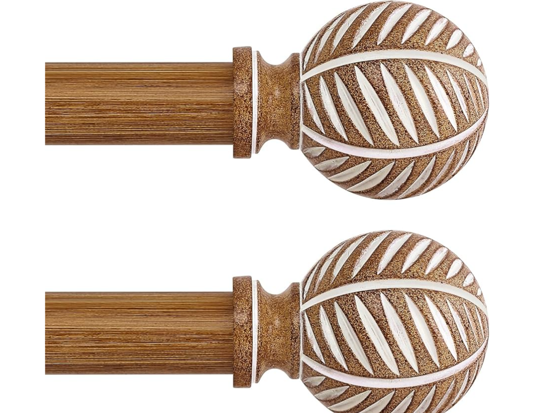 2 Pack Wood Curtain Rods 48 to 84 Inch,1 Inch Boho Adjustable Curtain Rod,Imitation Wood Grain Leaf Window Curtains Rods,Farmhouse Rustic Heavy Duty Drapery Poles,Brown Drapery Rod Set 36-88"