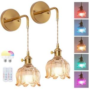 JERANDO Vintage Battery Operated Wall Sconce Set of 2, Amber Glass Lampshade Wireless Rechargeable Battery Powered Wall Light, RGB Wall Sconce Fixtures for Bedroom, Living Room