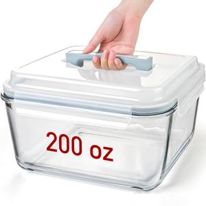 Large Glass Storage Containers with Lids, Big Rectangular Food Containers for Rotisserie Chicken Meal Prep Turkey Watermelon Potluck, XL Extra Large Freezer Safe Storage Container Airtight 200oz/26cup (Light blue handle)