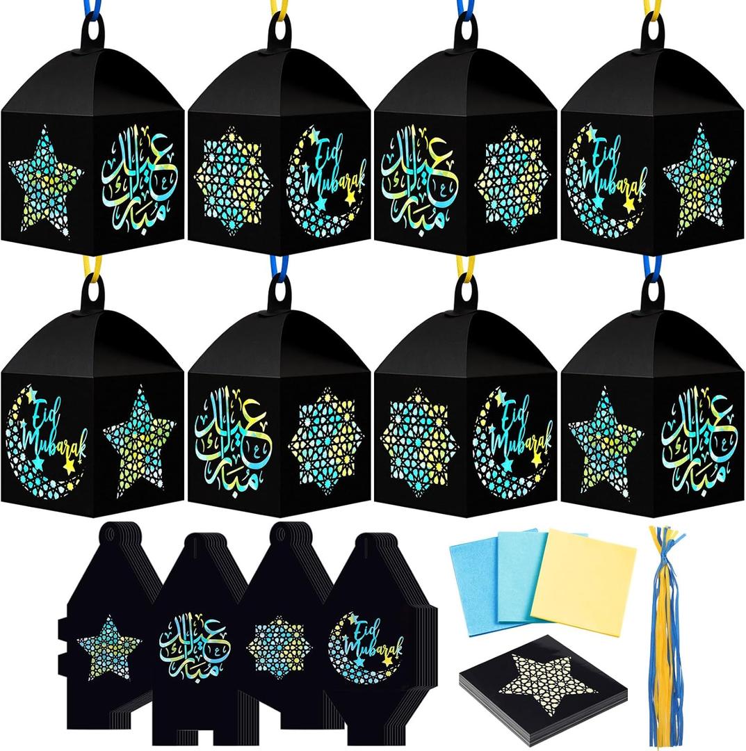 Maitys 16 Sets Eid Mubarak Lantern Craft Kit, Ramadan DIY Islamic Paper Lanterns with Transparent Tissue Paper Strings, Star and Moon Patterns Decor for Mosque Home Eid Party Decoration