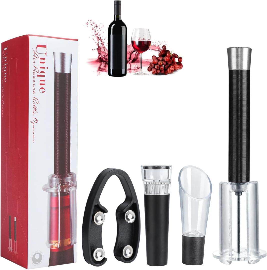 Wino on the Go Air Pump Wine Opener Set - Aluminum Head Cork Remover with Wine Aerator Pourer Spout, Portable Wine Opening Kit with Vacuum Stopper, Durable Black Wine Accessories for Wine Lovers