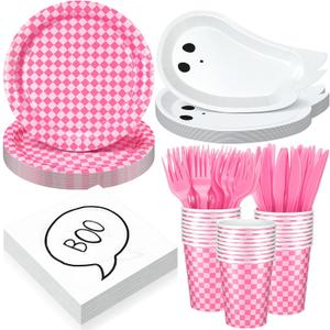 Yungyan 144 Pcs/24 Set Halloween Paper Plates and Napkins Boo Ghost Plates Pink Cups with Forks and Knife Halloween Party Tableware Set for Spooky Birthday Party Decoration Boo Baby Shower