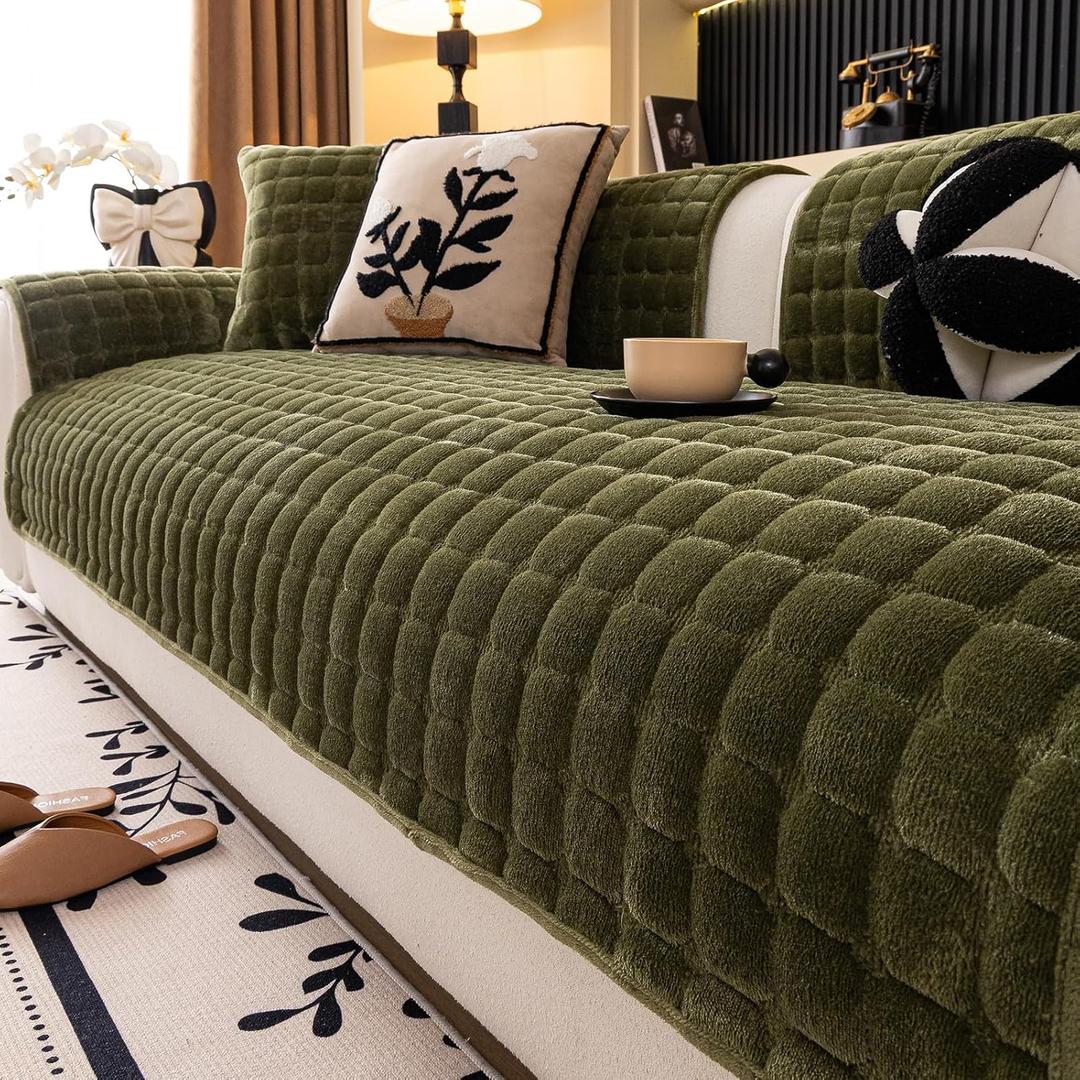 Velvet Couch Cover, Washable Sectional Sofa Cover, Anti Slip Sofa Slipcover for 3 Cushion Couch Sofa L Shaped Armrest Backrest, Furniture Protector Covers for Pets Kids(1PC,Green,36"71")