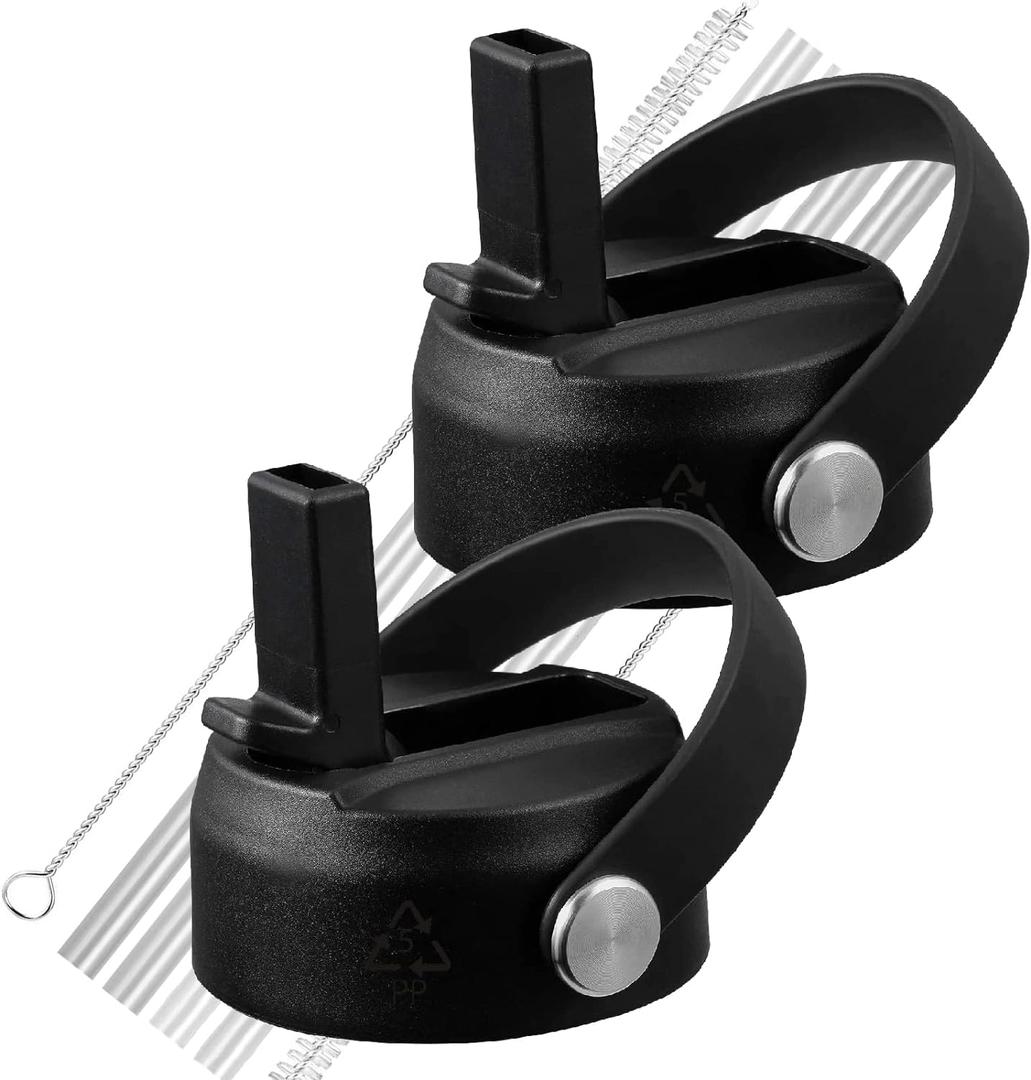 Straw Lid for Hydro Flask, Lids with Straw Compatible with Hydro Flask Wide Mouth 12/18/20/32/40 oz Water Bottles, Leak-Proof Drinking Cap with Replacement Straw, Durable Sport Bottle Lid Accessories (2 Pcs Black)