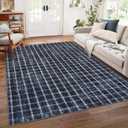 5 x 7 ft. Area Rugs Non-Slip Washable Low-Pile Carpet - Checkered Braided Geometric Print for Living Room Bedroom Nursery Kitchen Dining Indoor Use, Blue