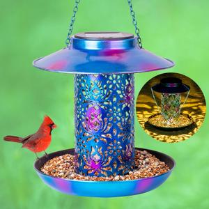 Ottsuls Solar Bird Feeder for Outdoors Hanging, Metal Wild Cardinals Garden Lantern with S Hook, Weatherproof and Water Resistant Birdfeeders as Gift Idea for Women Mom Grandma Bird Lovers (Blue) (8"x8")